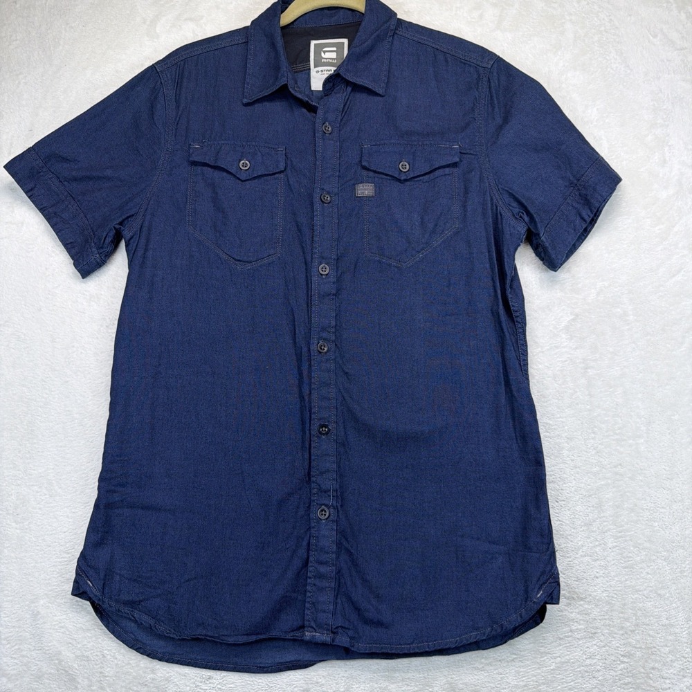 G-Star RAW Tacoma Shirt Mens L Blue Short Sleeve Snap Front Utility Western
